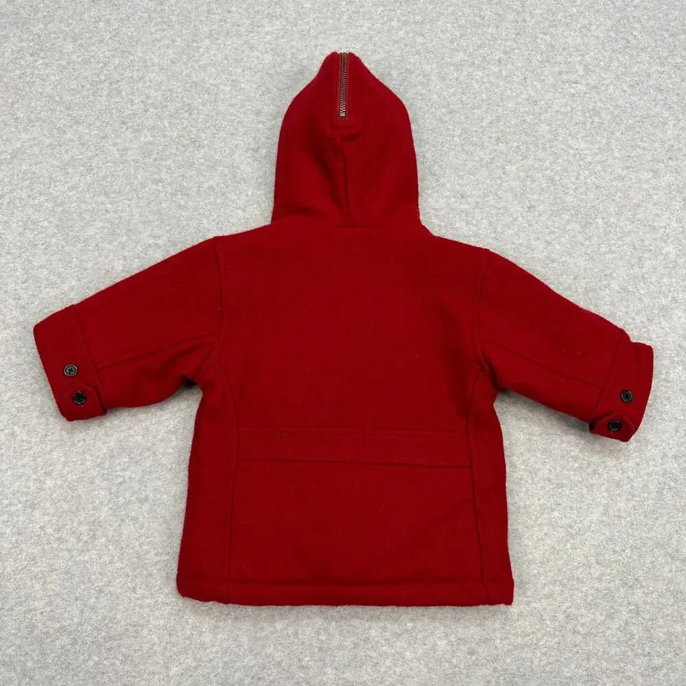 OshKosh Wool Duffle Coat Red Hooded Toggle Infant 6-9mths VTG Style Preppy
